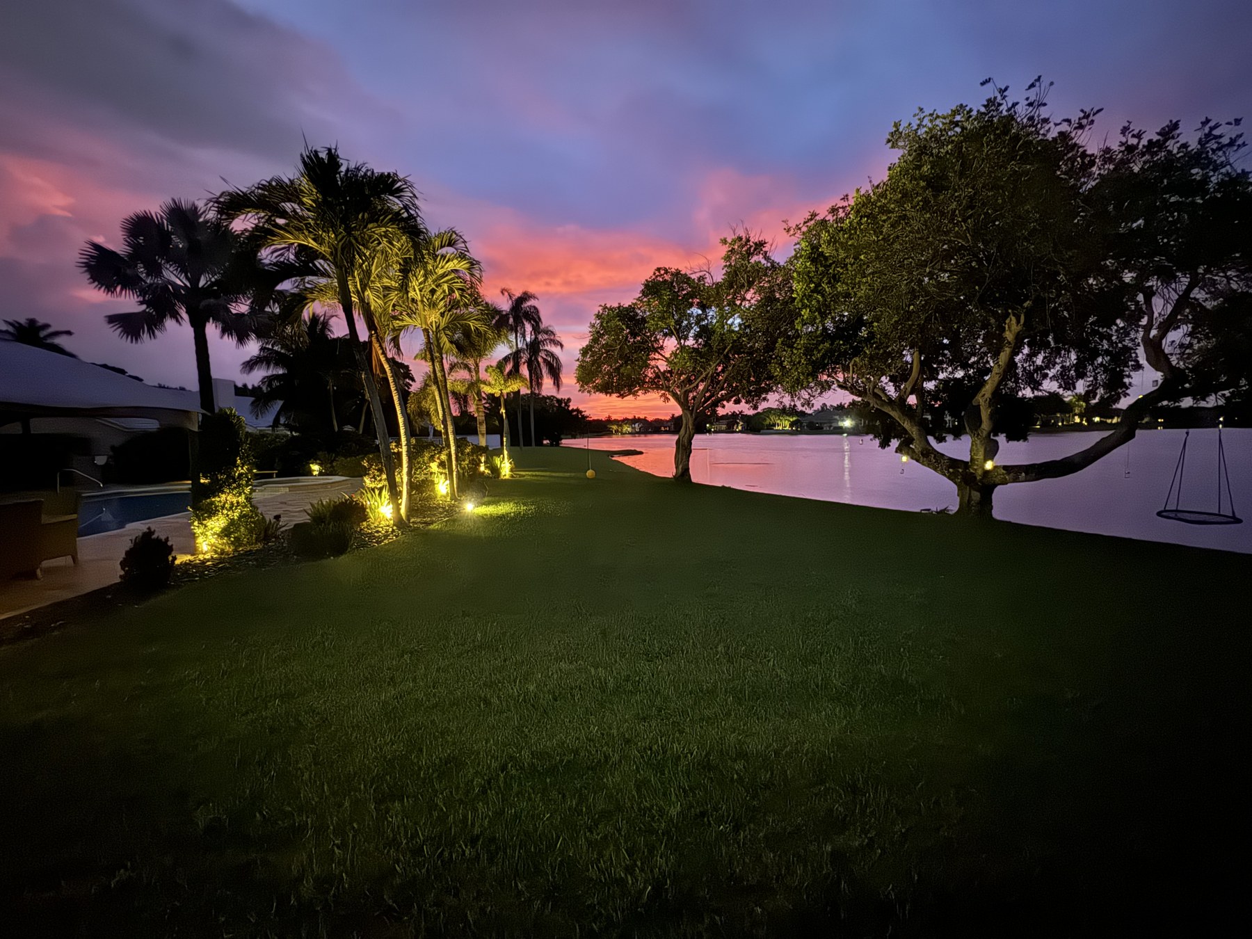 Sunset over the lake in the backyard