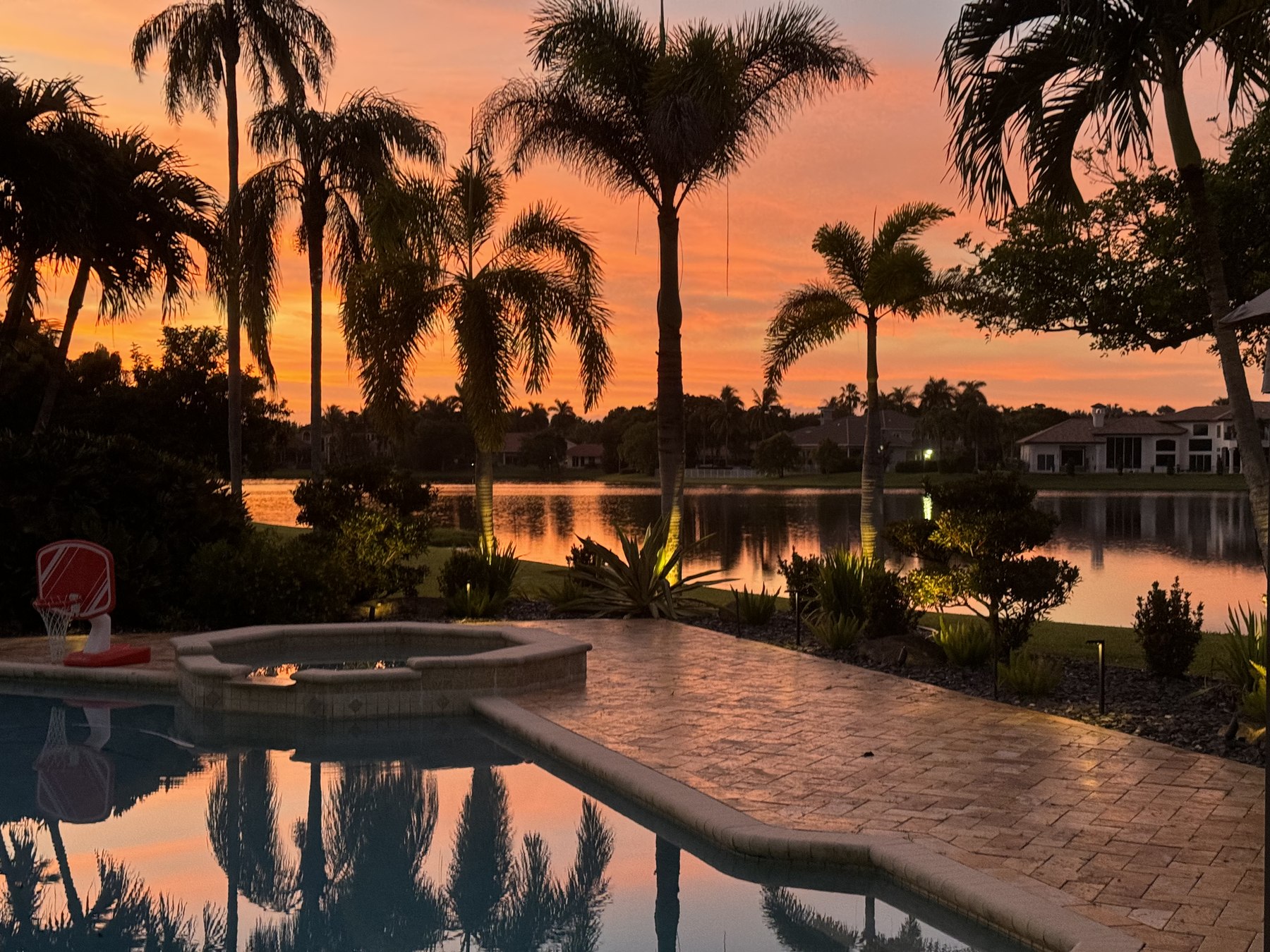 Sunset over the pool and lake