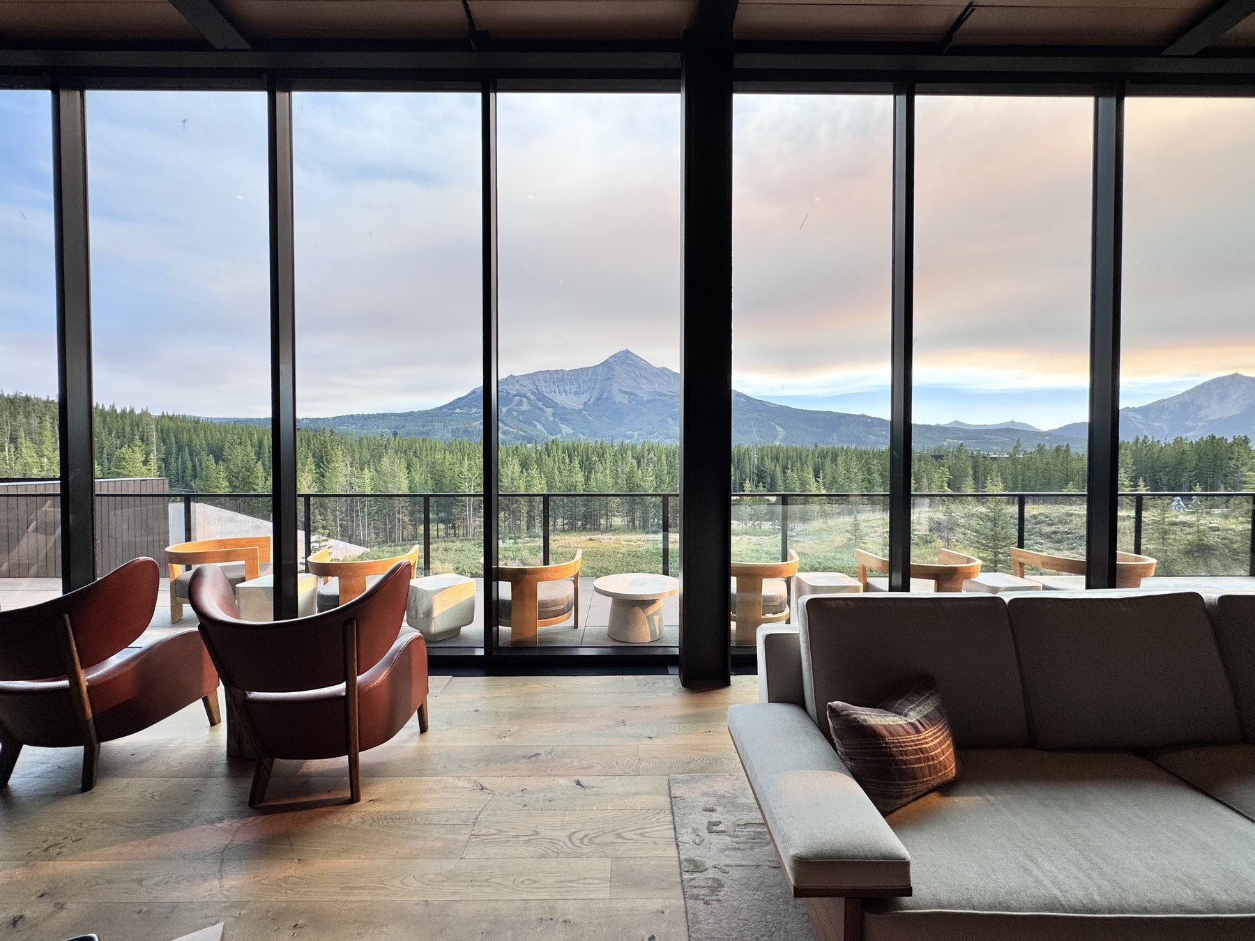 Mountain view from the One&Only Moonlight Basin lobby at sunset