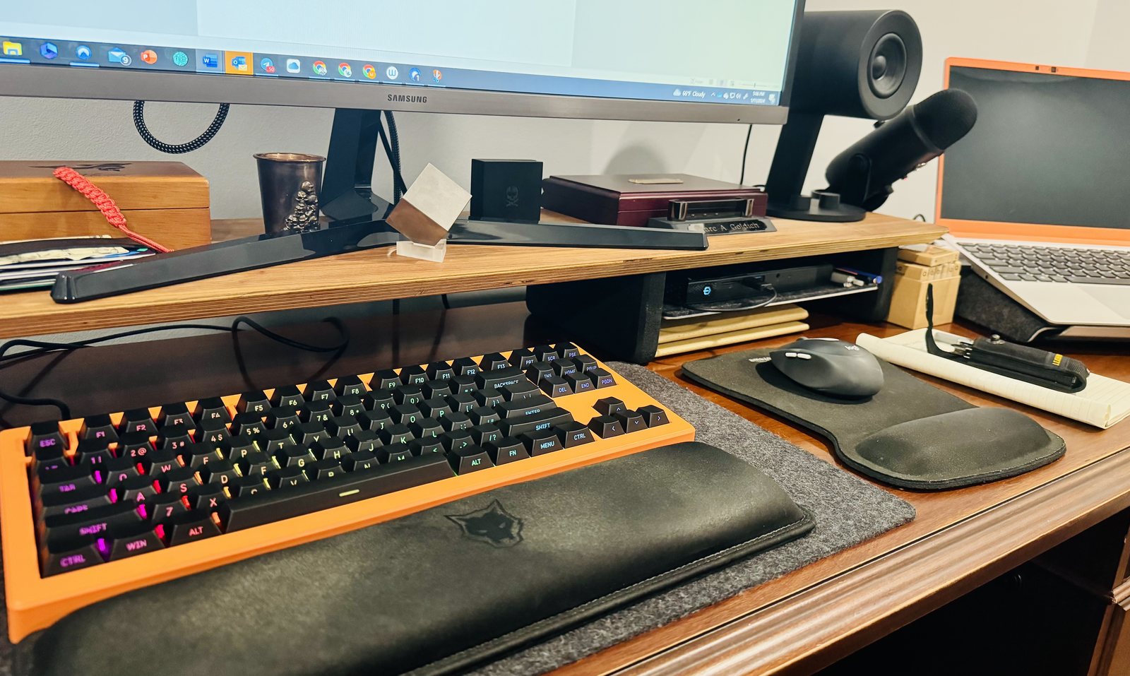Desk setup with keyboard and monitor